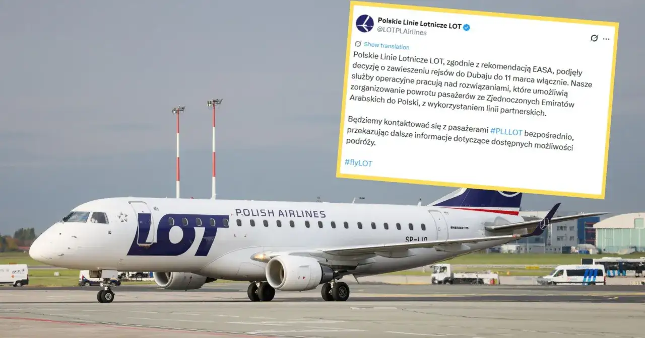 Samolot LOT na płycie lotniska. Komunikat informuje o zawieszeniu lotów do Dubaju, ale nie podaje, ile się leci do Dubaju. #flyLOT