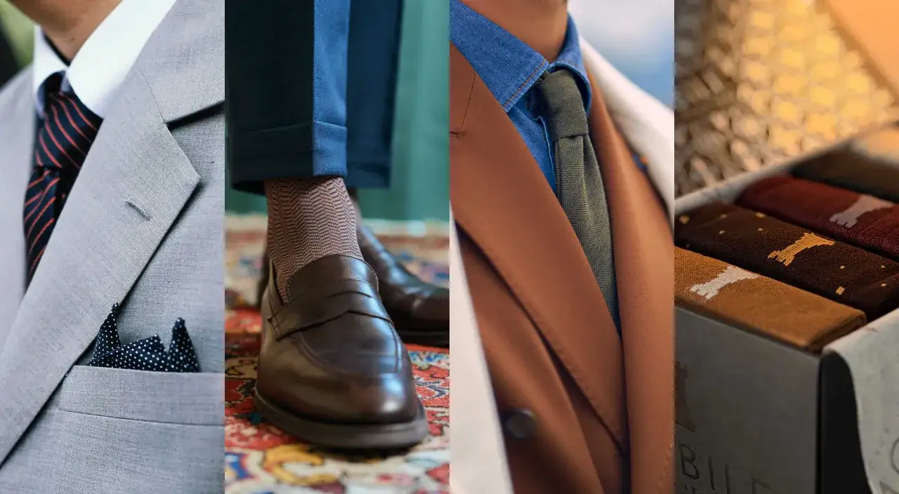 Dettagli di un elegante lounge suit: giacca grigia, cravatta a righe, calzini a fantasia e un blazer color caramello.