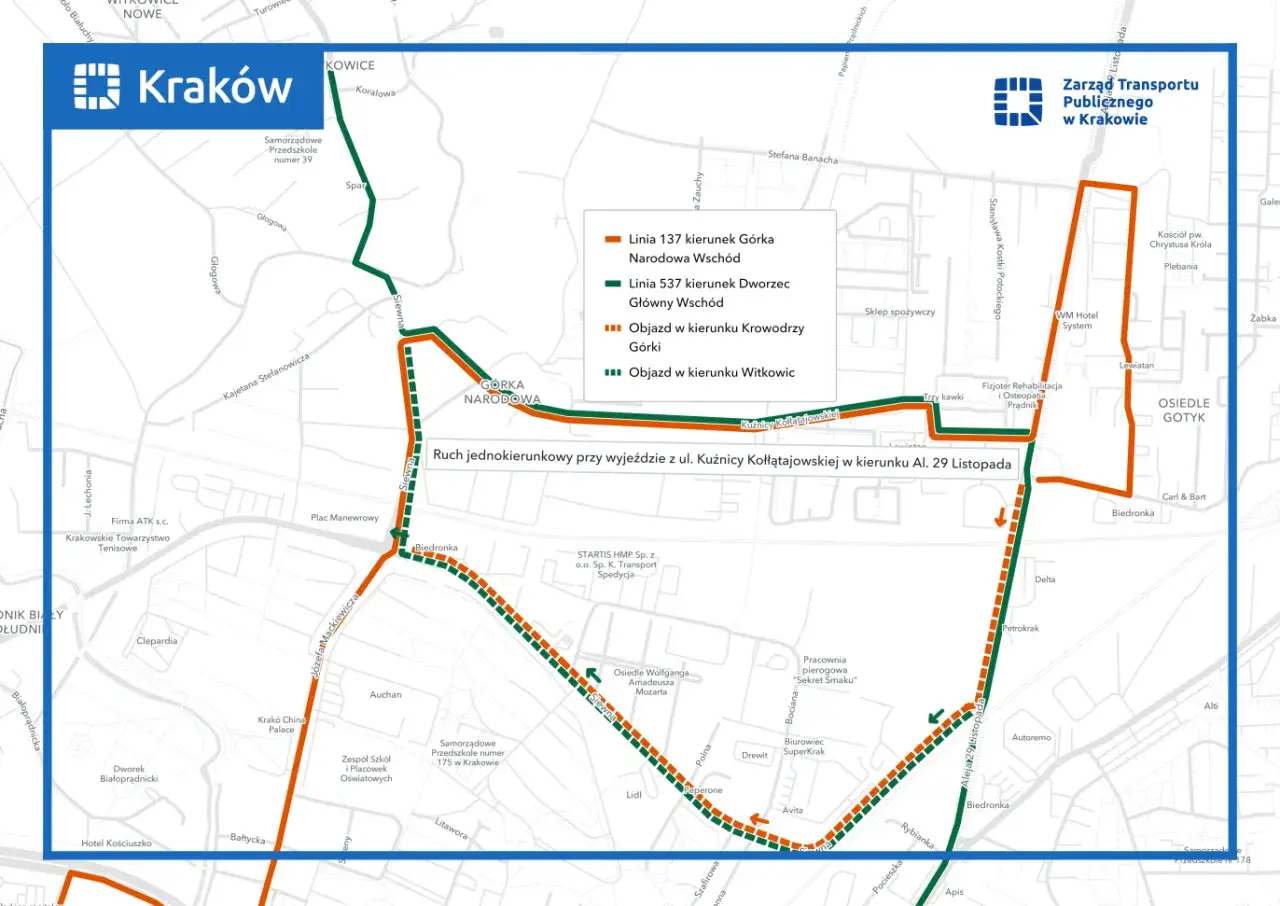 Mapa objazdów dla autobusów w Krakowie. Linia 143 autobus kursuje objazdem w kierunku Witkowic.