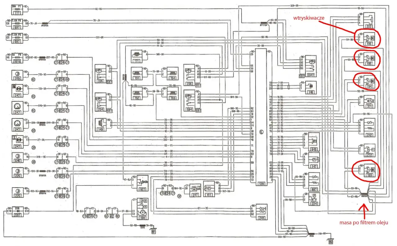 Schemat elektryczny Renault. Wskazuje jak liczyć kolejność cylindrów, zaznaczone wtryskiwacze i masa po filtrze oleju.