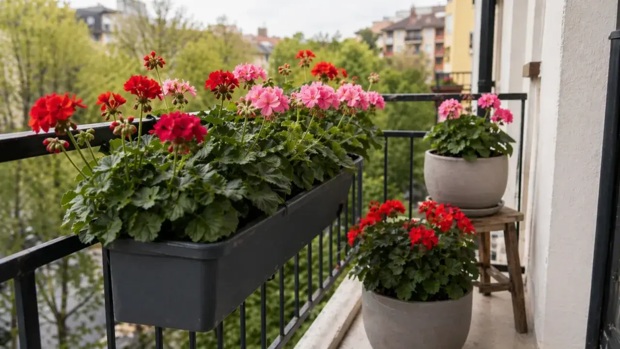 Kwiaty na balkonie, czerwone i różowe pelargonie w donicach. Idealny czas, kiedy sadzić pelargonie, to wiosna, gdy minie ryzyko przymrozków.