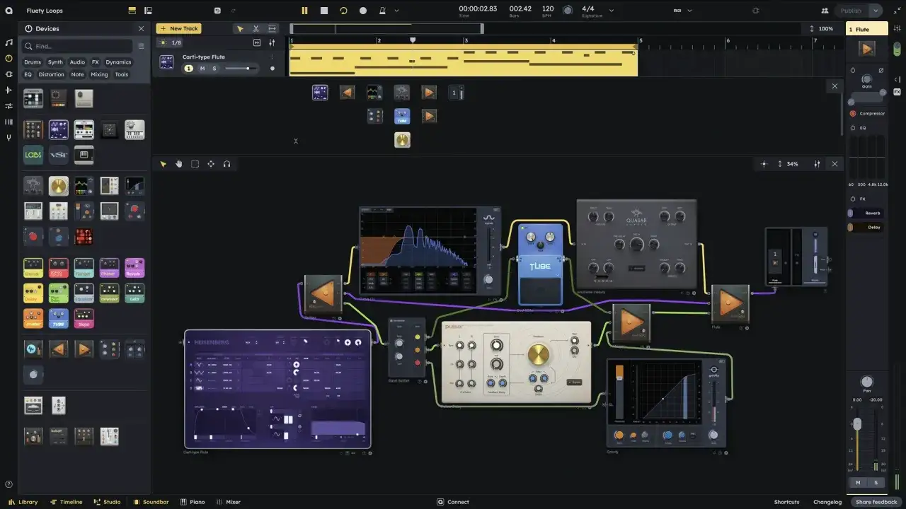 Interface d'un studio musique en ligne avec des effets audio connect&eacute;s en cha&icirc;ne pour cr&eacute;er des sons uniques.
