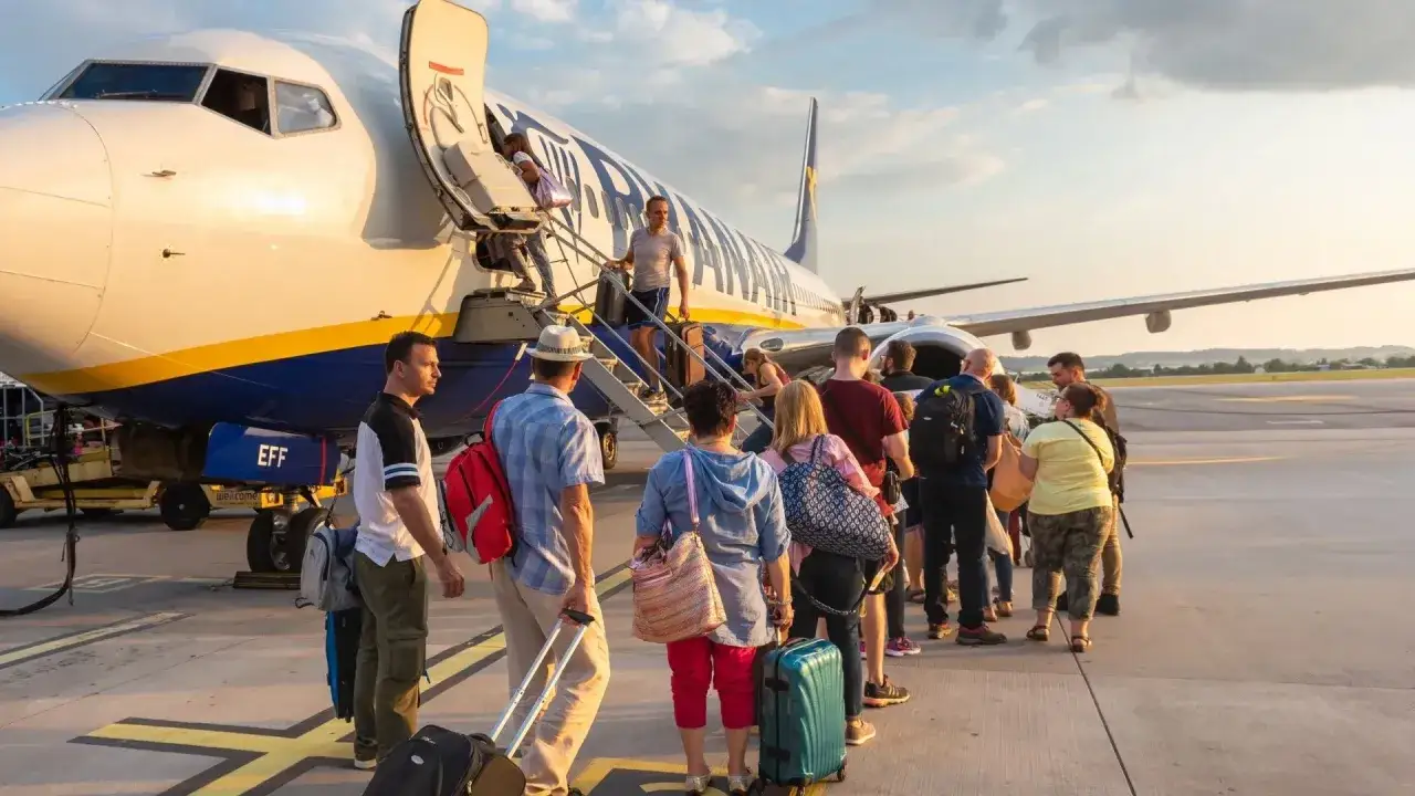 Ludzie wsiadają do samolotu Ryanair. Zastanawiasz się, ile trwa lot do Sycylii?