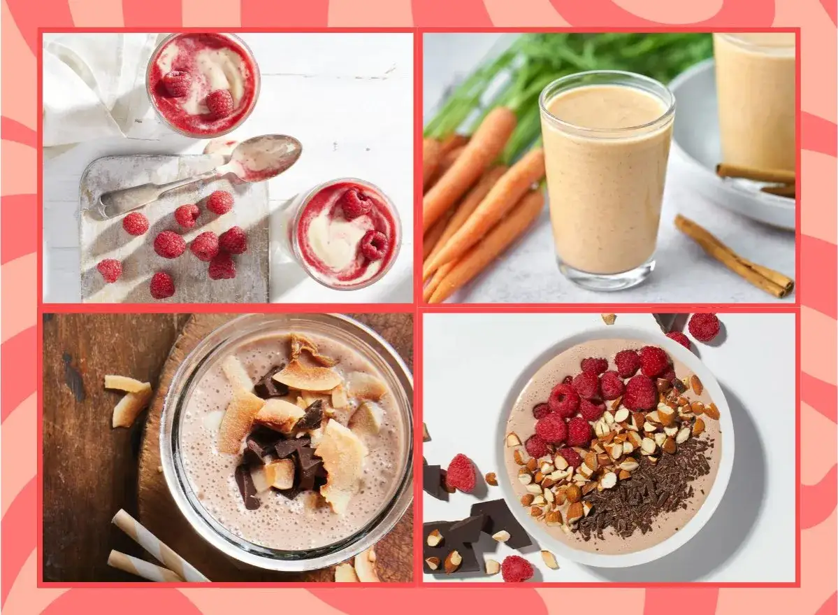 Vier leckere Smoothie-Variationen, perfekt als smoothie zum abnehmen. Himbeere, Karotte und Schokolade laden zum Genießen ein.
