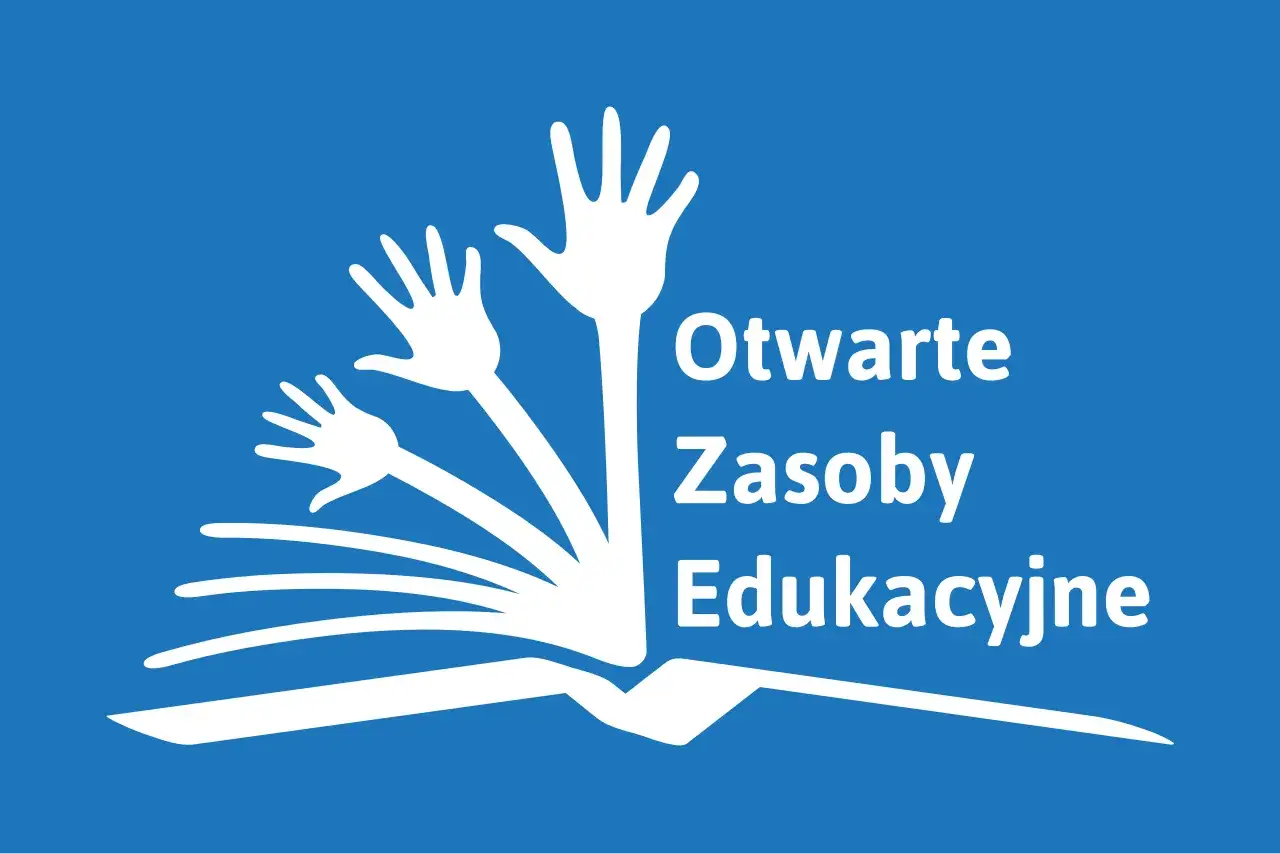 Białe grafiki bez praw autorskich: otwarte ręce wyrastające z książki, symbolizujące otwarte zasoby edukacyjne.
