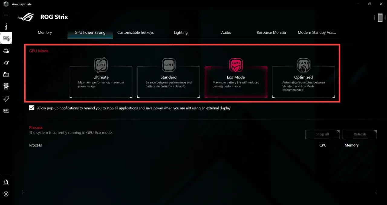 Jak sprawdzić kartę graficzną Win11? Armoury Crate pokazuje tryby GPU: Ultimate, Standard, Eco i Optimized.