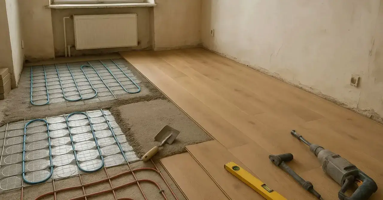 Installation d'un plancher chauffant avec tuyaux bleus et rouges sur treillis, à côté de lames de parquet en pose. Outils de chantier visibles.