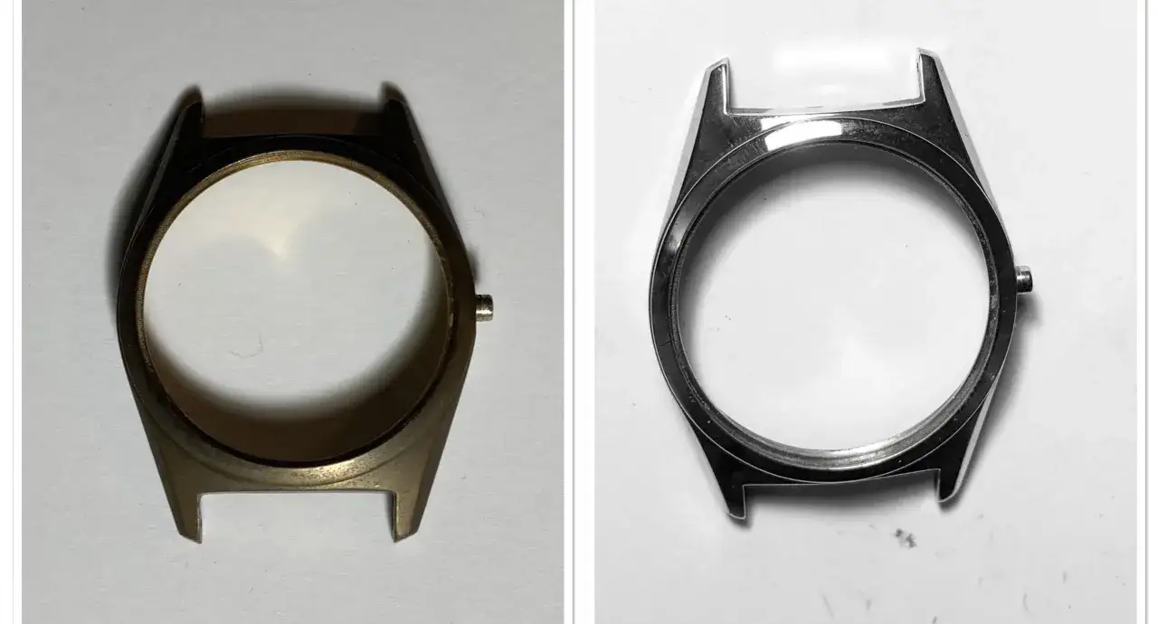 Carcasa de reloj antes y después de pulir. El niquel se oxida con el tiempo, pero un buen pulido lo deja como nuevo.