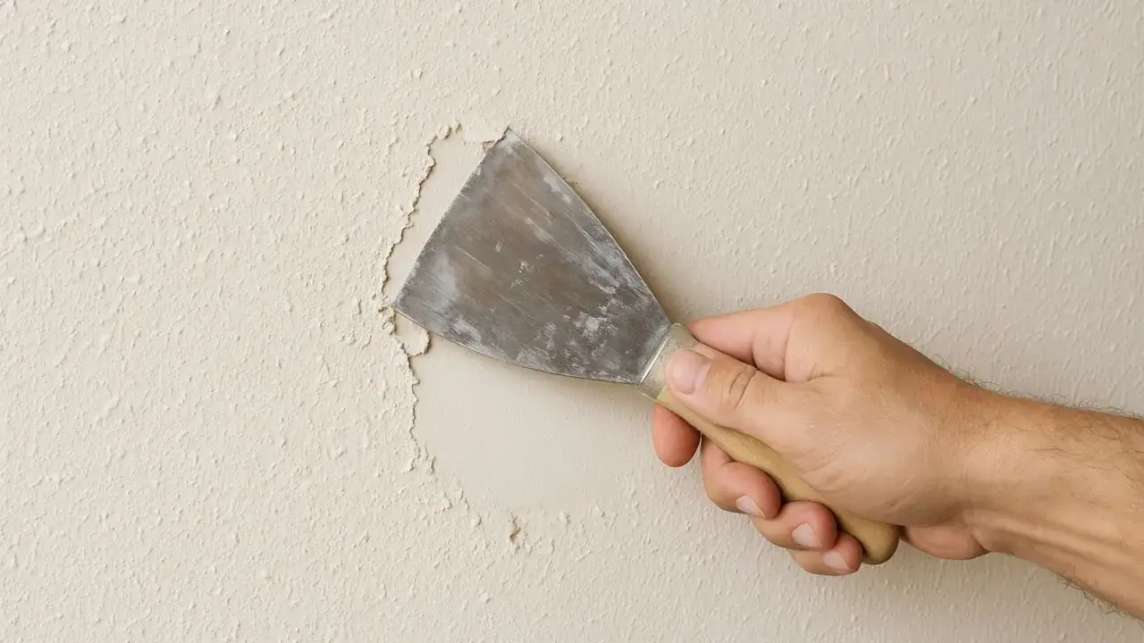 Mano con espátula retirando trozos de pared con textura, como si se estuviera aprendiendo como imitar gotele.
