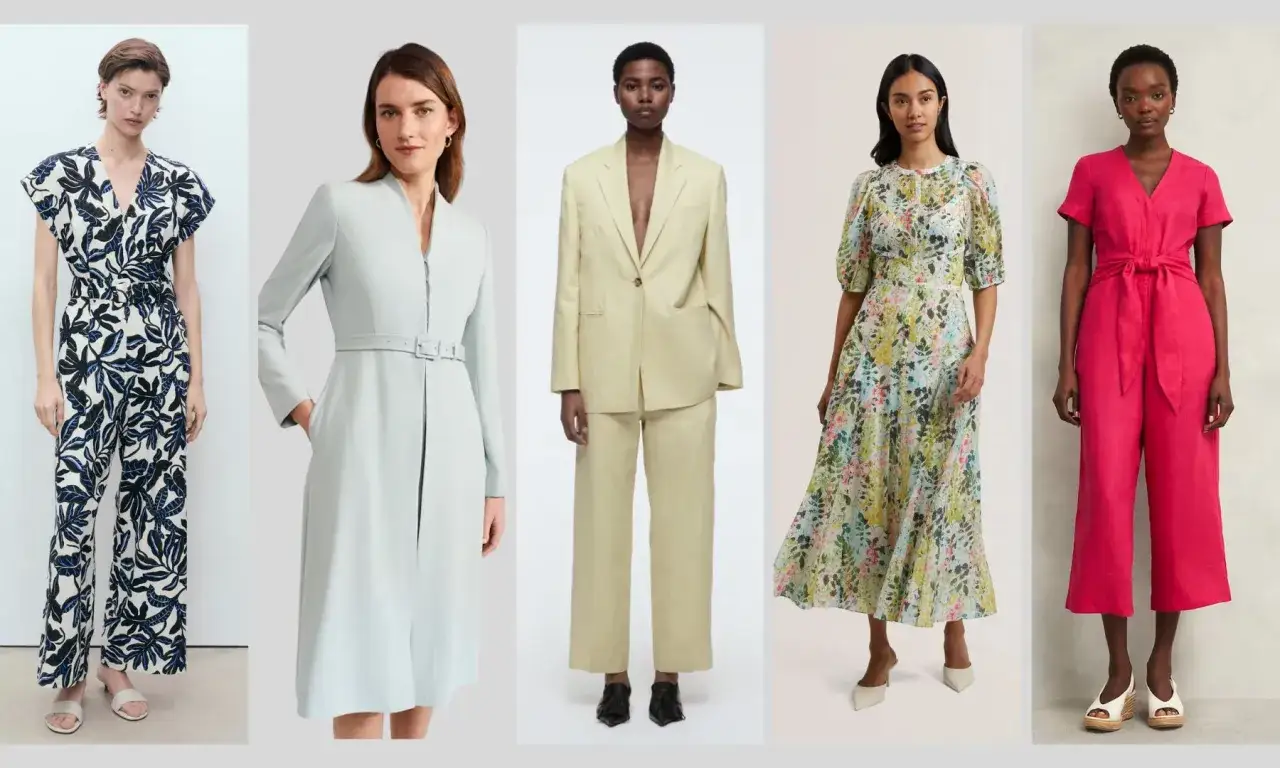 Outfit ideas for a christening: a floral jumpsuit, a pale blue coat dress, a cream suit, a floral midi dress, and a bright pink jumpsuit.