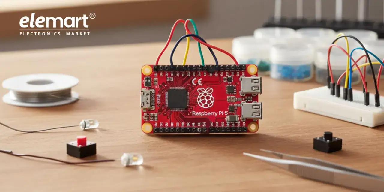 Czerwona płytka Raspberry Pi Pico z przewodami, diodami LED, przyciskiem i cyna do lutowania. Idealne do Twoich raspberry pi pico projekt&oacute;w!
