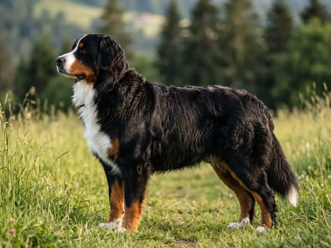 Magnifique bouvier bernois dans un pré verdoyant. Ces chiens, connus pour leur fidélité, peuvent malheureusement être sujets à certains cancers, une préoccupation pour de nombreux propriétaires.