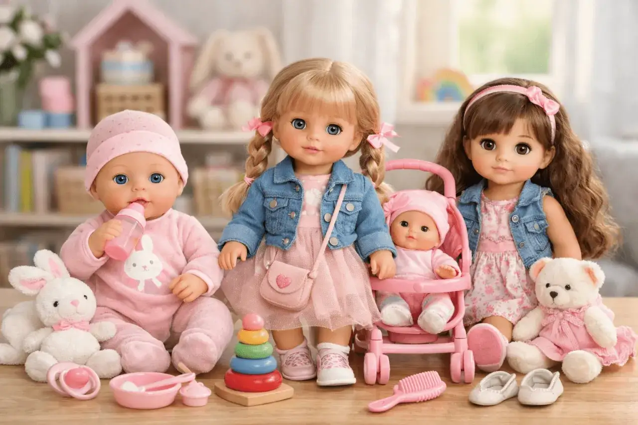 Trzy urocze lalki w r&oacute;żowych strojach i jeansowych kurteczkach, w&oacute;zek, pluszowy kr&oacute;liczek i miś &ndash; takie lalki są na topie!