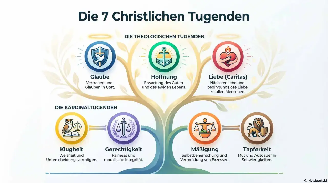 Die 7 Christlichen Tugenden: Glaube, Hoffnung, Liebe (theologisch) sowie Klugheit, Gerechtigkeit, Mäßigung und Tapferkeit (kardinal).