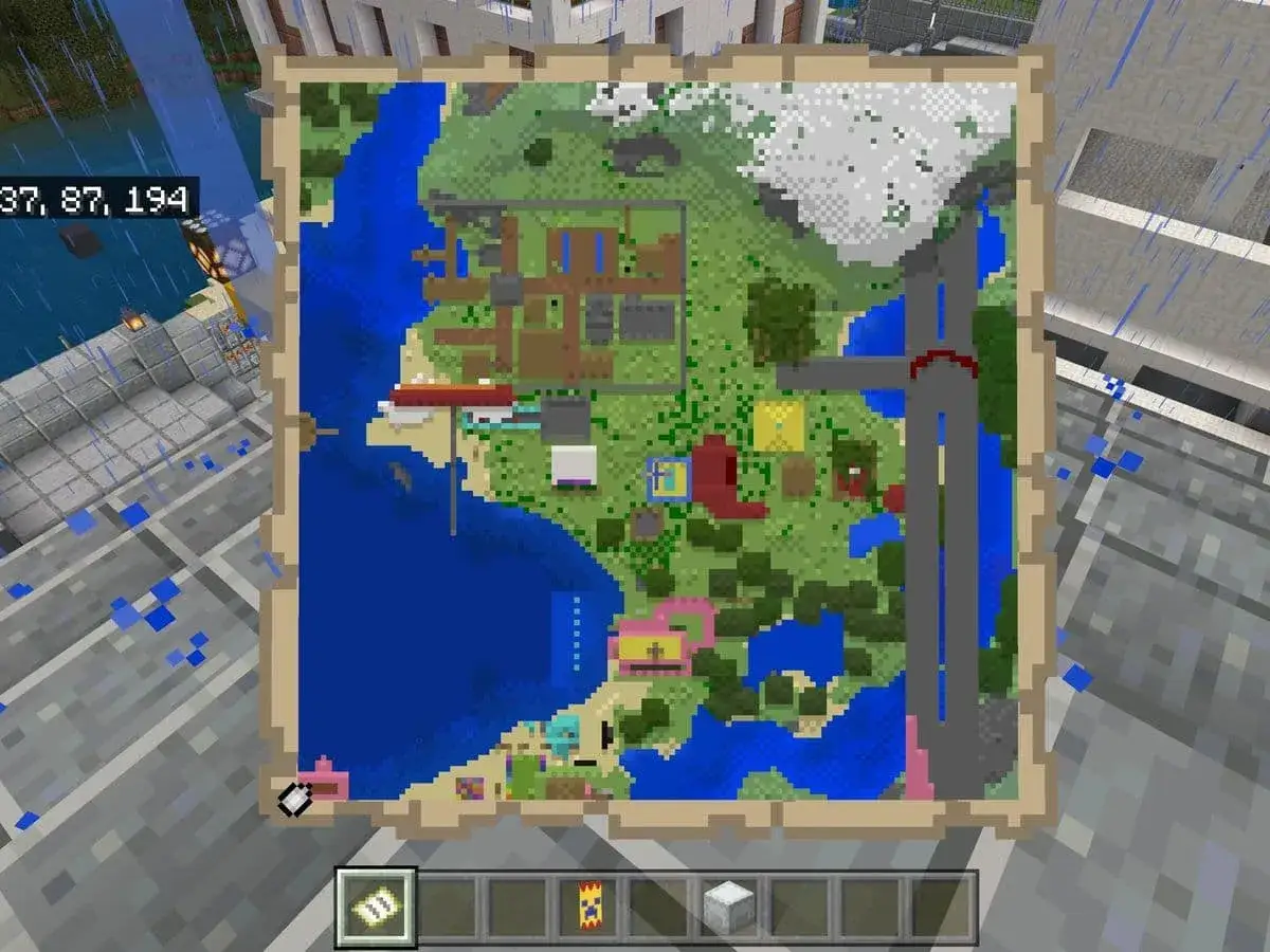 Jak zrobic mape w mc? Zobacz, jak wygląda mapa świata w grze Minecraft, z zaznaczonymi budynkami i terenami.