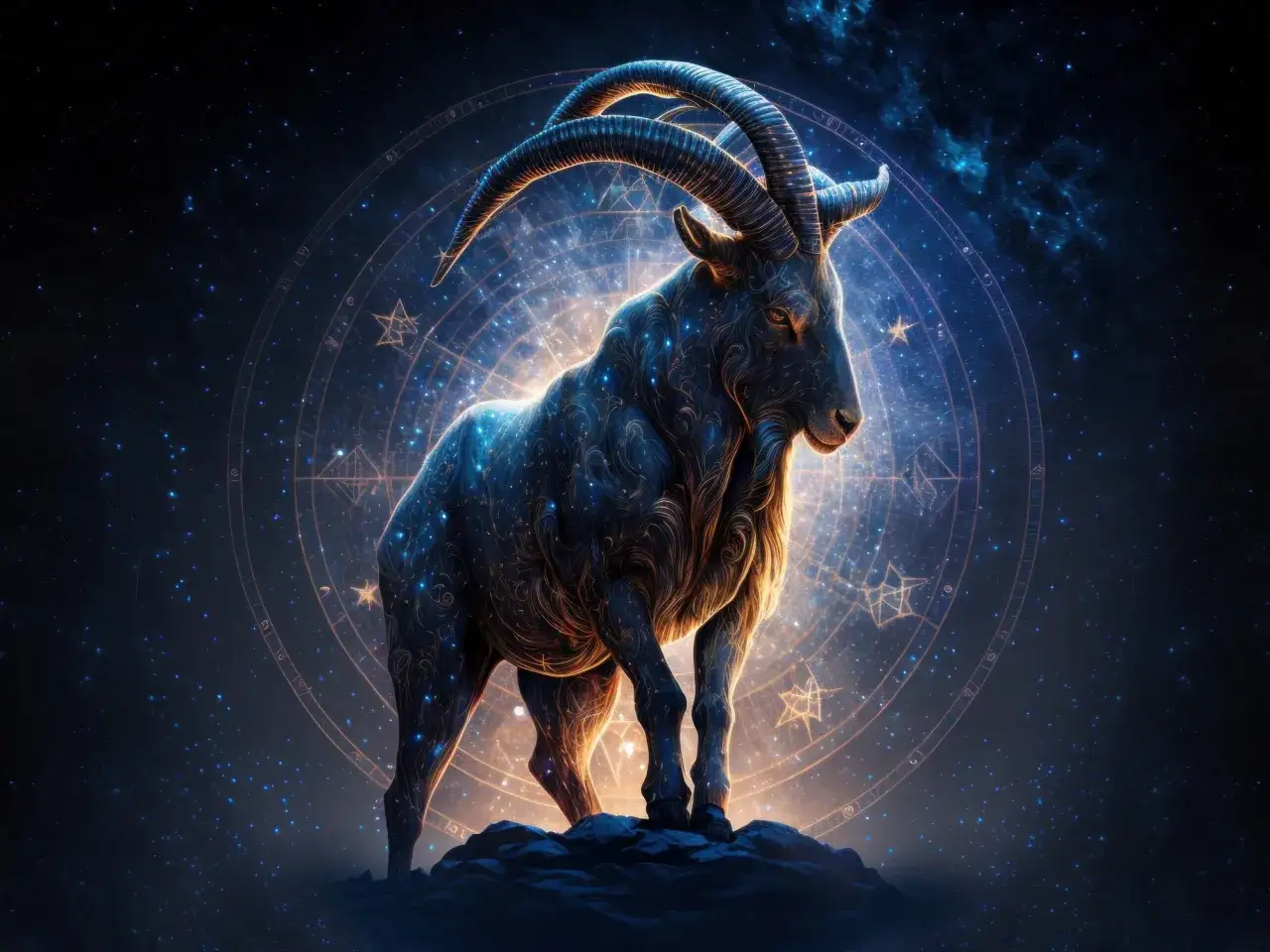 Cabrito c&oacute;smico con cuernos curvos, rodeado por un c&iacute;rculo zodiacal y estrellas. Su cuerpo, adornado con patrones celestiales, evoca el poder del ascendente capricornio.