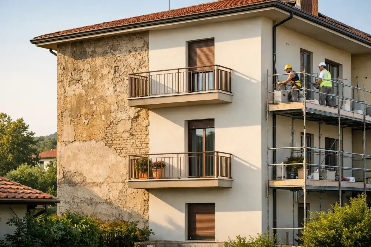 Lavoratori in cantiere installano un cappotto termico per migliorare la trasmittanza dell'edificio.