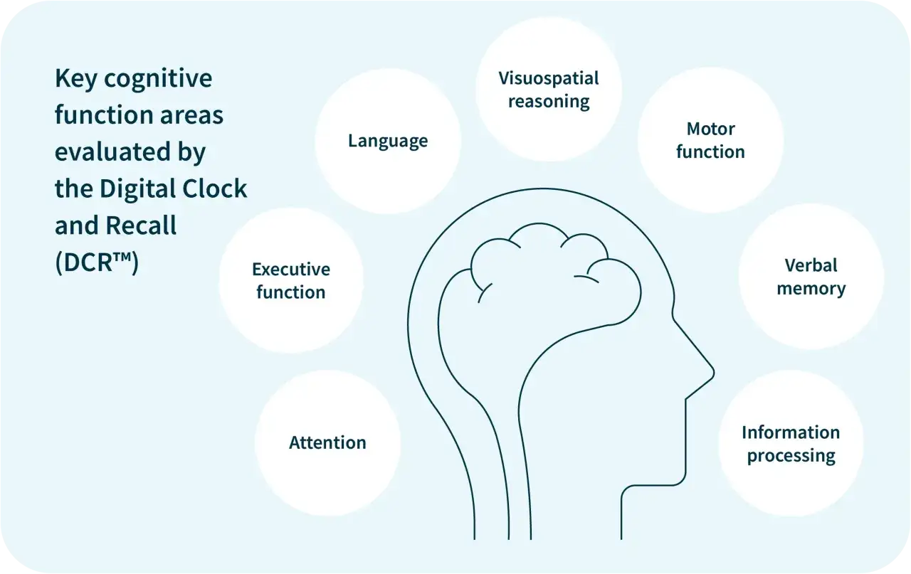 Diagramma che illustra le aree cognitive valutate dal DCR. Comprendere il deficit cognitivo significato aiuta a identificare problemi di attenzione, linguaggio, memoria, ecc.