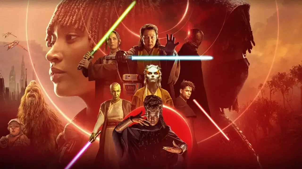 Plakat Star Wars Acolyte: grupa postaci z mieczami świetlnymi, w tym Chewbacca i tajemnicza kobieta w centrum.