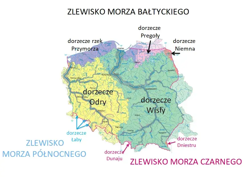 mapa zlewiska Bałtyku z gł&oacute;wnymi rzekami