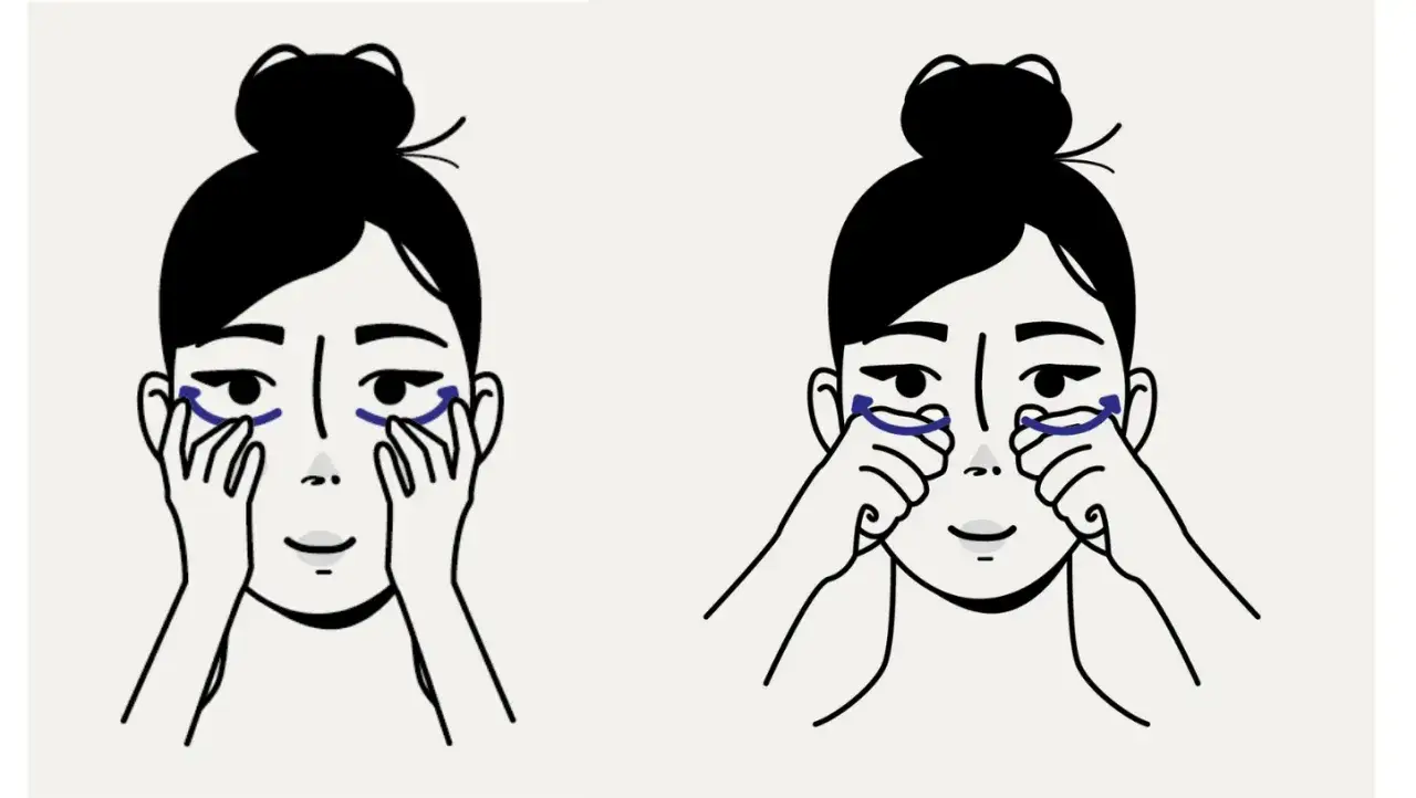 Illustration montrant comment se masser le visage, avec des flèches bleues indiquant les mouvements sous les yeux.