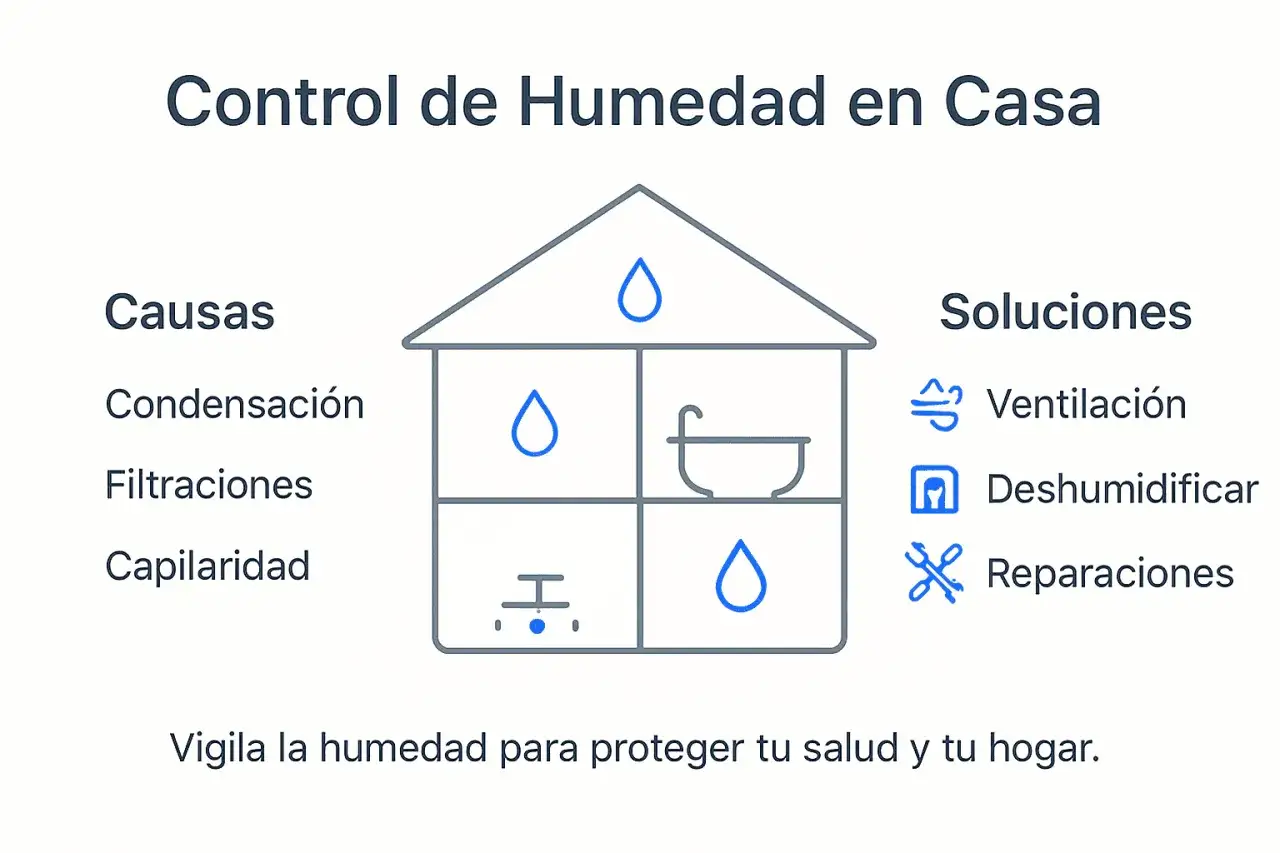 Diagrama de casa con causas (condensación, filtraciones, capilaridad) y soluciones (ventilación, deshumidificar, reparaciones) para saber como quitar la humedad para siempre.