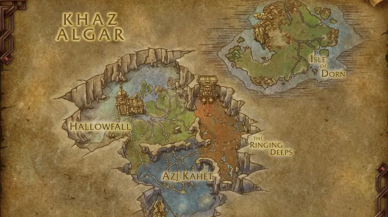 Mapa Khaz Algar: Hallowfall, Azj-Kahet, The Ringing Deeps i Isle of Dorn. Wow, poziom 26!