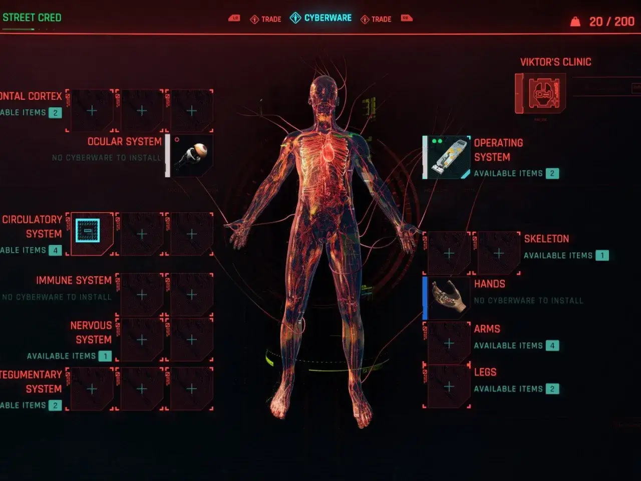 Interfaz de Cyberpunk 2077: menú de mejoras cibernéticas para el cuerpo, con opciones como sistema operativo y esqueleto.