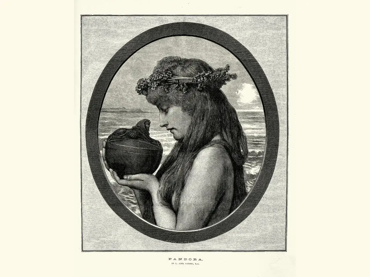 Jeune femme couronn&eacute;e de fleurs, tenant une jarre, &eacute;voquant la **bo&icirc;te de Pandore** et ses myst&egrave;res.