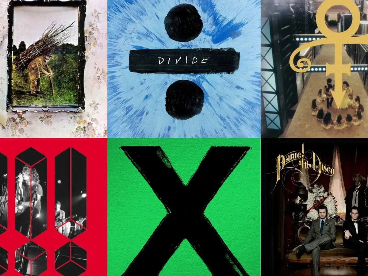Kolaż okładek płyt: Led Zeppelin IV, Divide Eda Sheerana, Prince's 1999, The White Stripes, Ed Sheeran x, Panic! At The Disco.