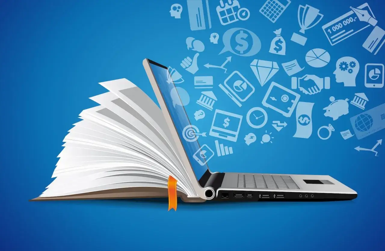 Ein aufgeschlagenes Buch verschmilzt mit einem Laptop, aus dem Symbole f&uuml;r Wissen und Finanzen str&ouml;men. Perfekt f&uuml;r deine **Ausbildung online**.