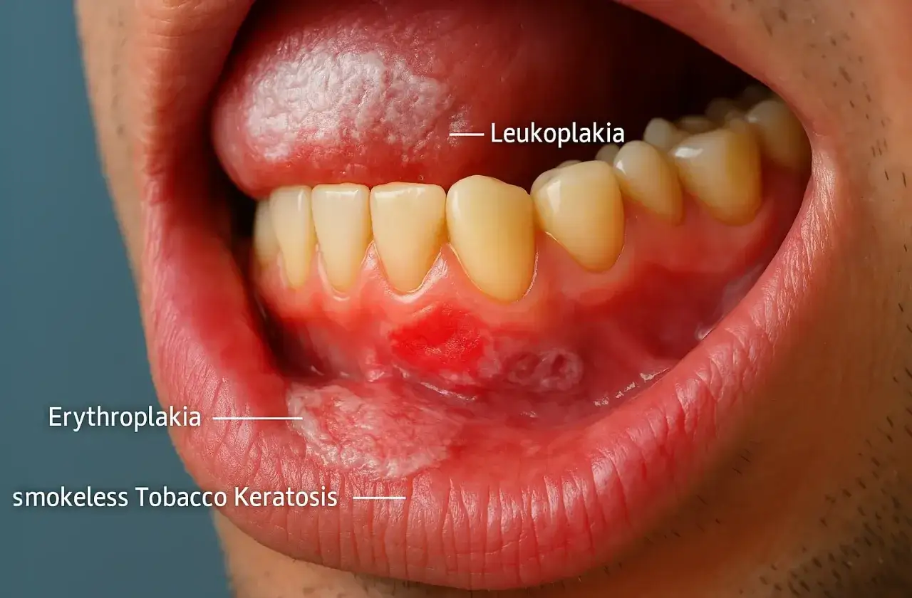 Zmiany w jamie ustnej: leukoplakia, erytroplakia i keratoza od tytoniu bez dymu to możliwe velo skutki uboczne.