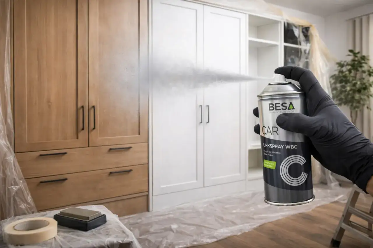 Gant noir pulvérisant un produit pour enlever de la bombe de peinture sur un meuble en bois.