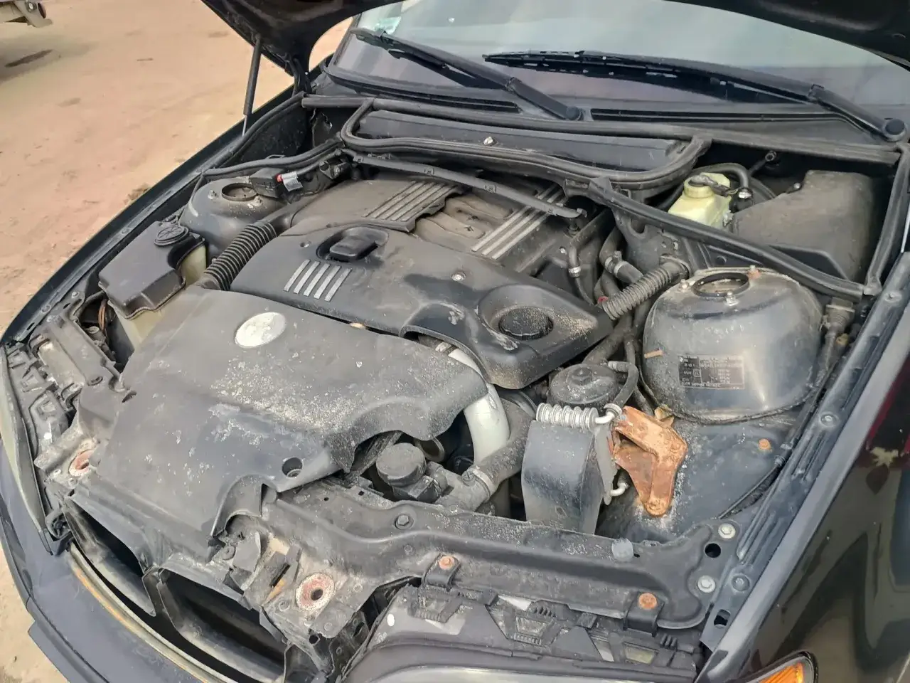 Silnik BMW 318d pod otwartą maską, widoczne elementy układu chłodzenia i osprzętu.