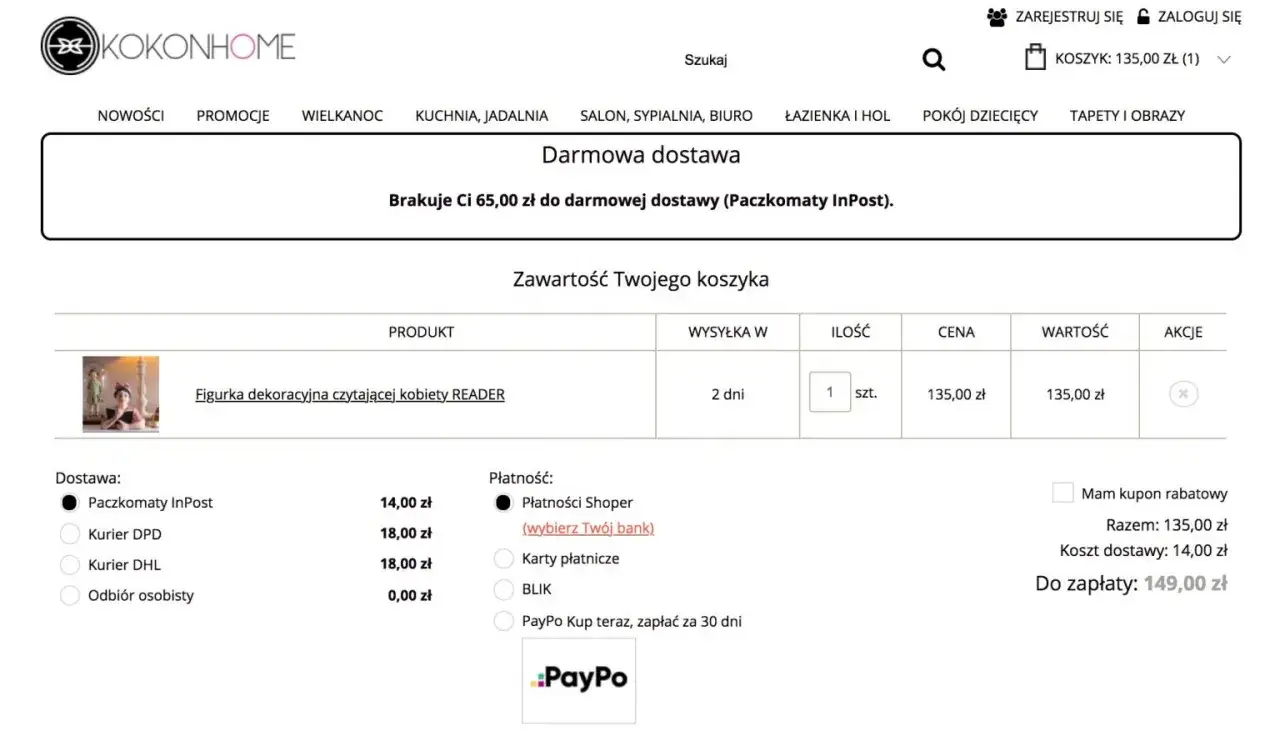 Koszyk sklepu KOKONHOME z figurką kobiety. Widoczna opcja płatności PayPo, która pozwala zapłacić za 30 dni. Czy PayPo jest w BIK? Nie ma tej informacji.