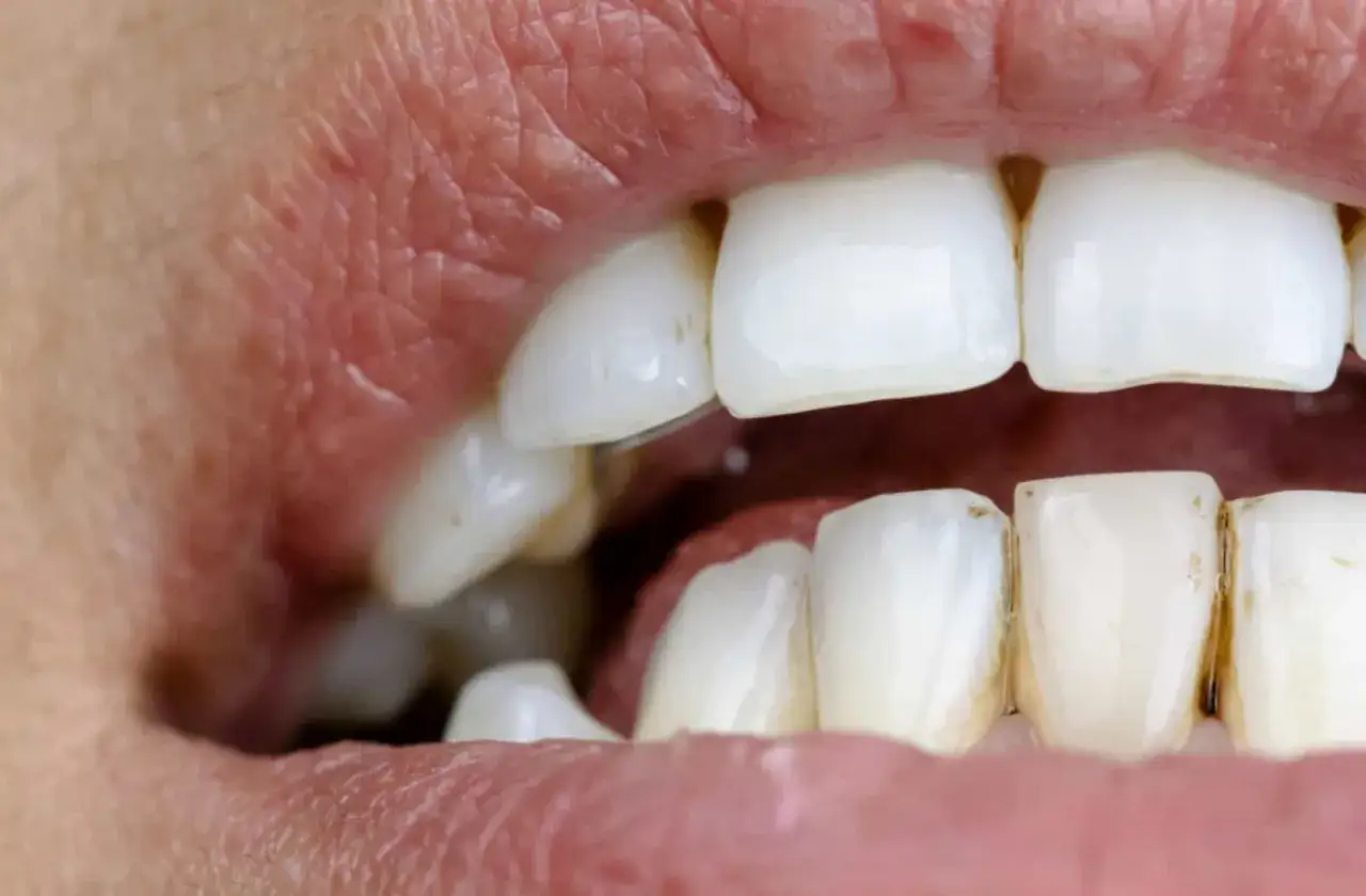 Los dientes muestran manchas amarillentas, evidenciando que el vaper sin nicotina mancha los dientes.