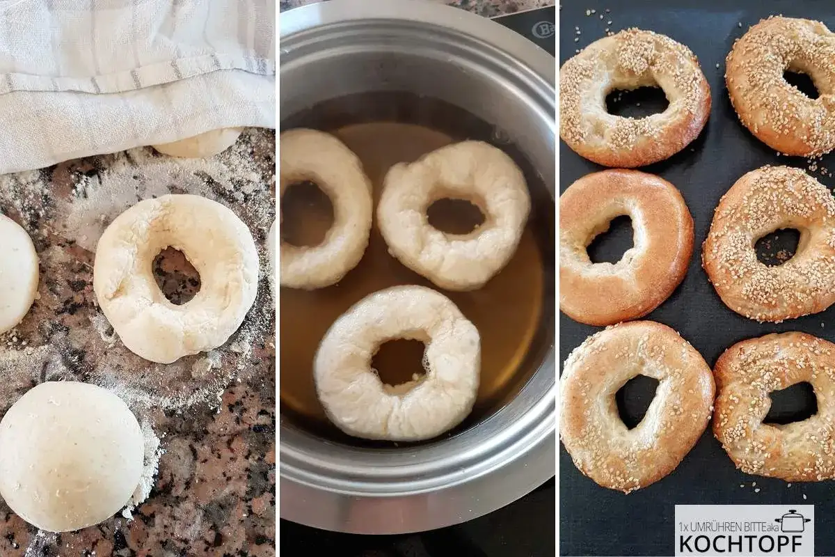 Schritt-f&uuml;r-Schritt-Anleitung, wie man Bagels selber machen kann: Teig formen, kochen und backen. Fertige Bagels mit und ohne Sesam.