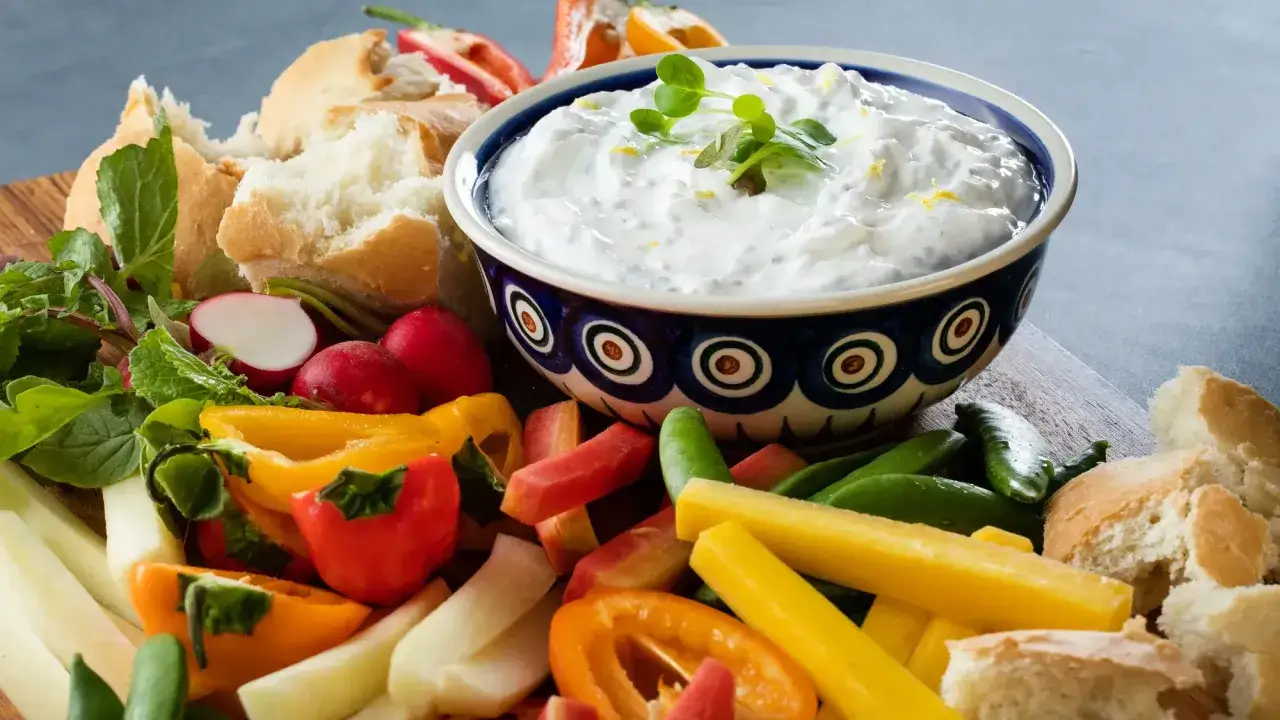 Un bol de sauce au yaourt cr&eacute;meuse, garni de fines herbes, entour&eacute; de crudit&eacute;s color&eacute;es et de morceaux de pain croustillant.