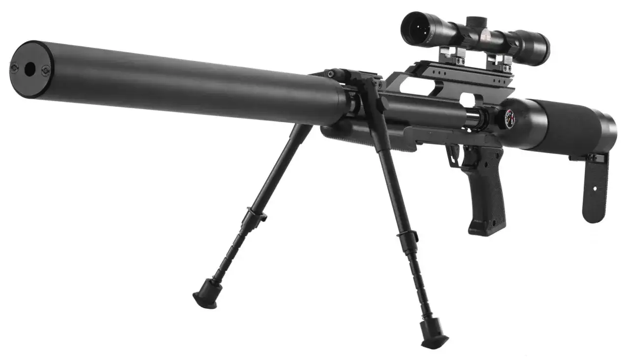 Fusil noir avec lunette, bipied et silencieux. Puissance de 20 joules pour une précision redoutable.