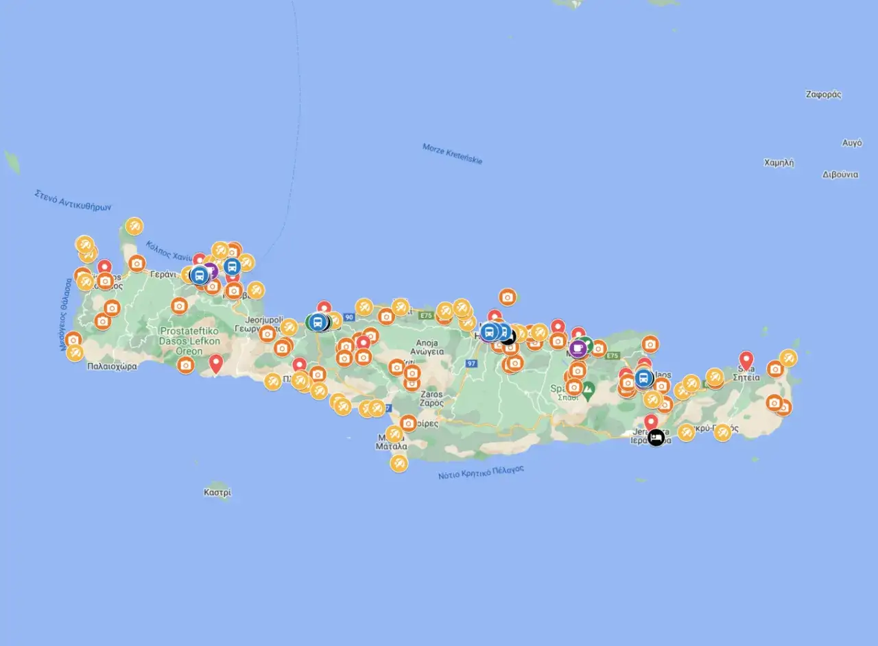 Mapa turystyczna wyspy Kreta z zaznaczonymi atrakcjami, hotelami i punktami widokowymi.