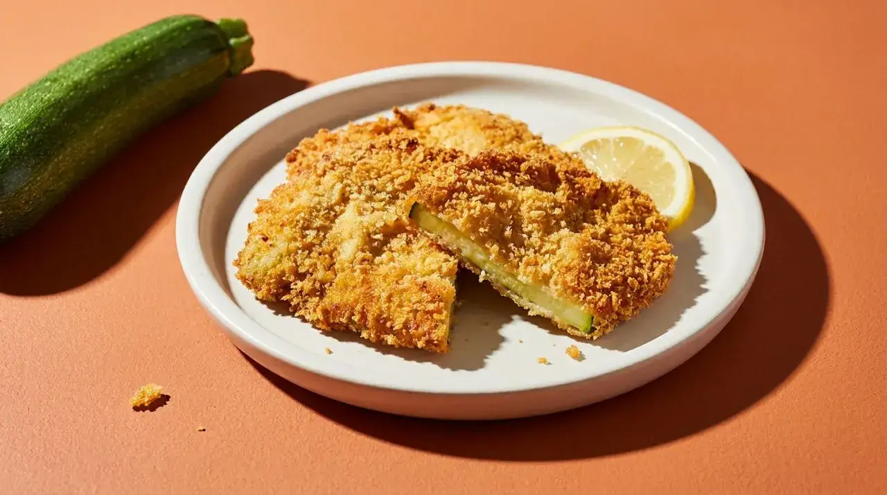 Knuspriges Zucchini-Schnitzel auf einem Teller mit Zitronenspalte. Daneben liegt eine frische Zucchini.