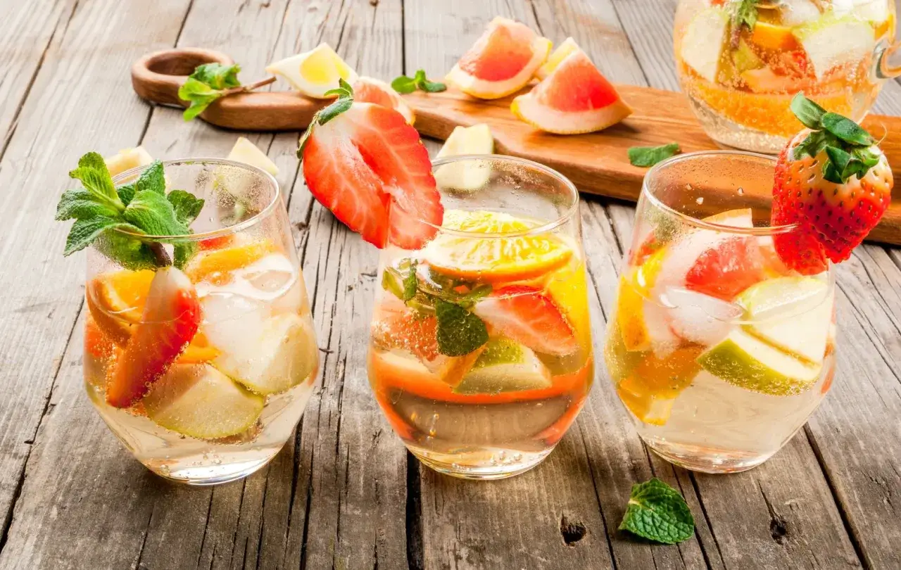 Tre bicchieri di sangria con vino bianco, pieni di fragole, arance, mele e menta, su un tavolo di legno rustico.