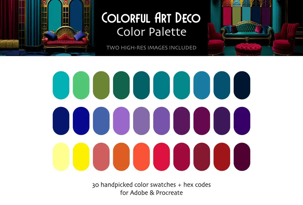 Palette de couleurs inspir&eacute;e par le **couleur art deco**, avec des tons riches et vibrants, des &eacute;chantillons pour Adobe & Procreate.