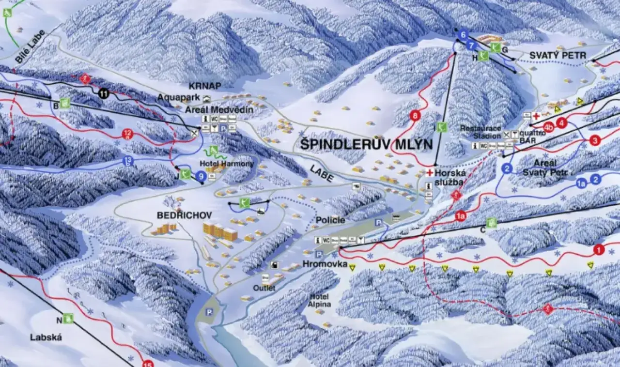 Skikarte von Spindleruv Mlyn mit Pisten, Liften und Orten wie Bedrichov und Svat&yacute; Petr.