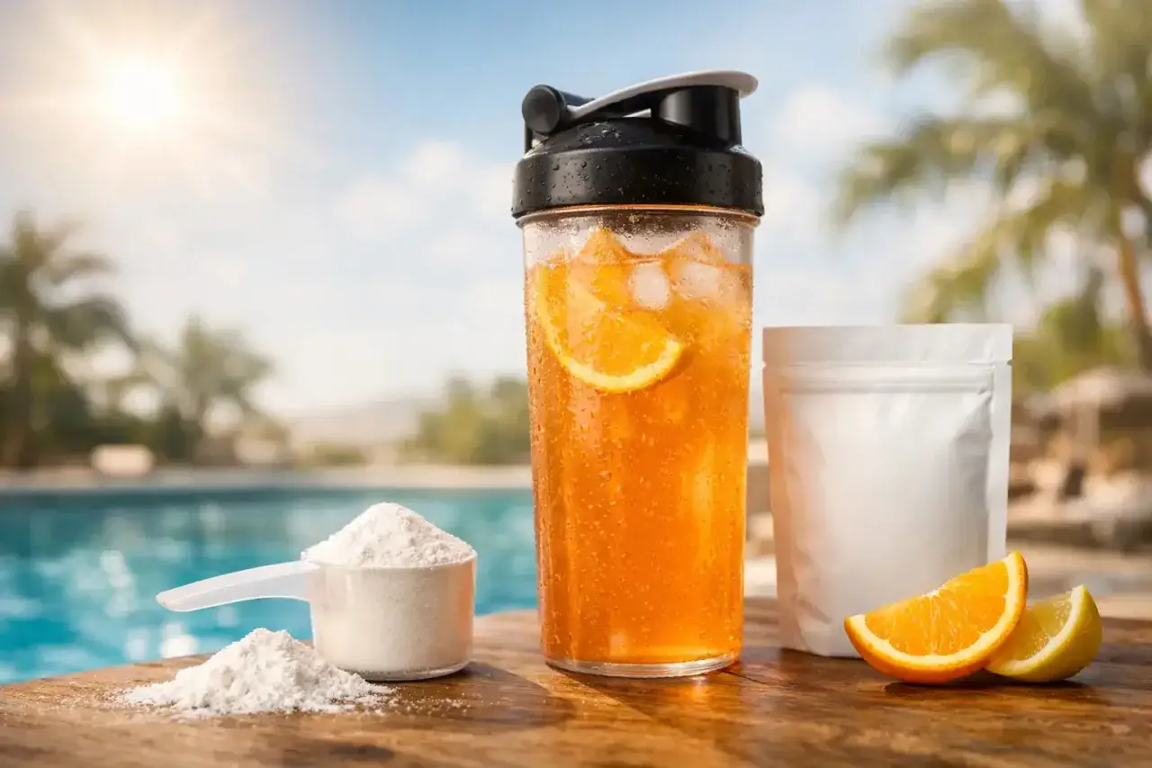 Erfrischender Drink mit Orangen- und Zitronenscheiben, Eisw&uuml;rfeln und Pulver. Perfekt, um bei Hitze Elektrolyte zu trinken und hydriert zu bleiben.