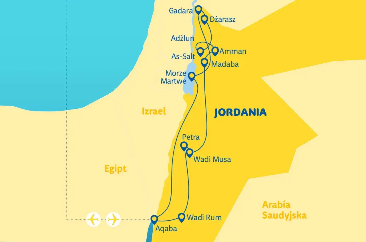 Mapa pokazuje, gdzie leży Jordania, z zaznaczonymi miastami jak Amman, Petra i Aqaba, oraz sąsiadującymi Izraelem i Egiptem.