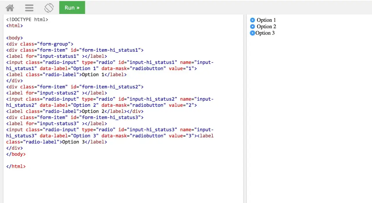 Kod HTML z trzema opcjami wyboru (radio buttons): Opcja 1, Opcja 2, Opcja 3.