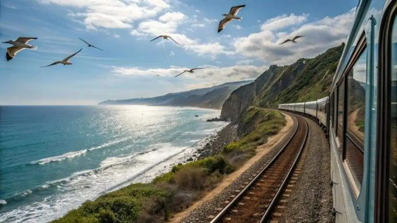 Zugfahrt entlang der Küste von Cascais nach Lissabon. Möwen kreisen über dem türkisfarbenen Meer und den steilen Klippen.