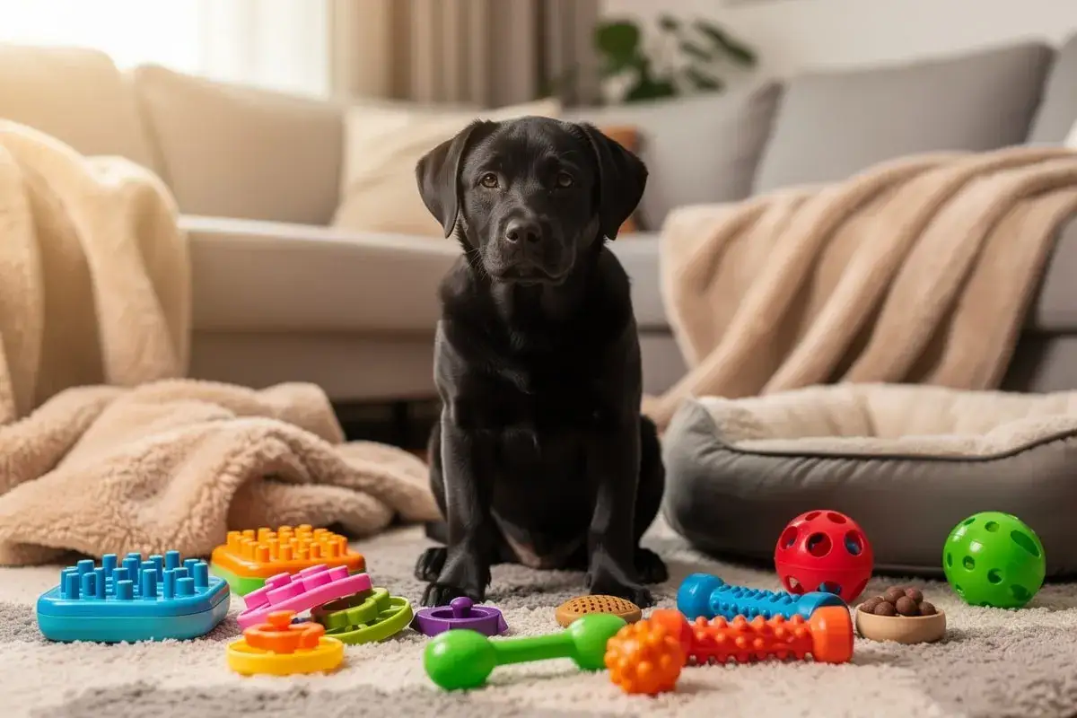Un jeune labrador noir, entouré de jouets, découvre son nouveau foyer. C'est le temps d'adaptation chien nouvelle maison, plein de promesses et de découvertes.