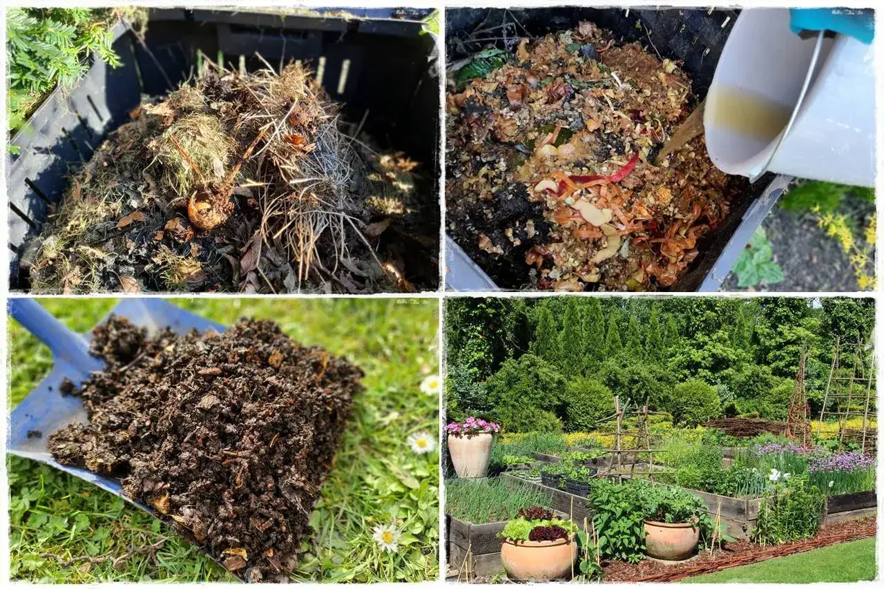 Kompostownik pełen resztek organicznych, łopata z gotową, ciemną ziemią kompostową i piękny ogród warzywny.